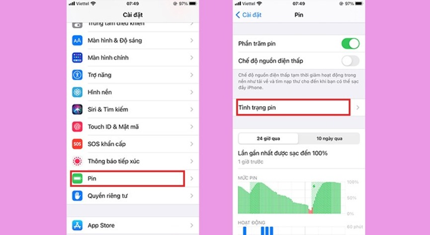 kiểm tra tình trạng pin iphone