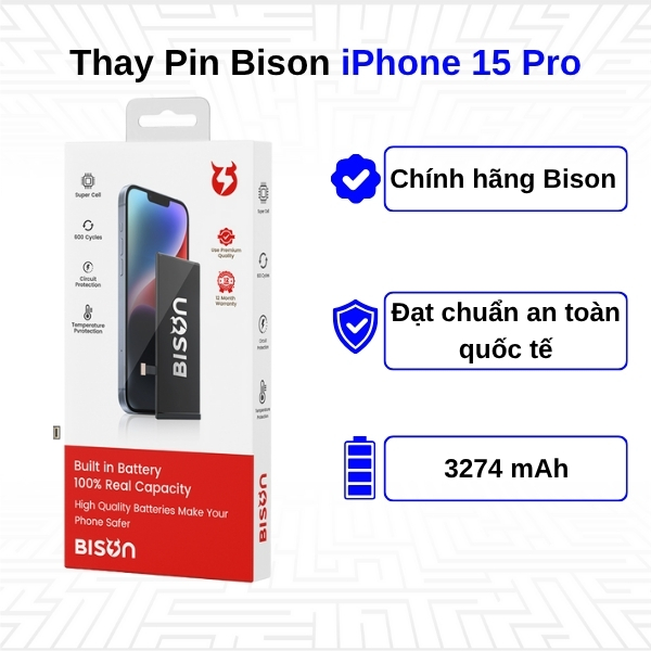 Pin Bison Thay Pin iPhone 15 Pro chính hãng Bison, bảo hành 12 tháng, giá rẻ